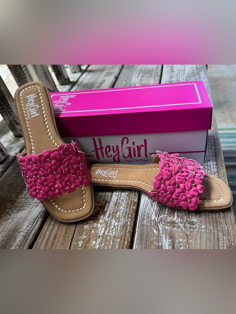 Pink Floral Flat Slide Sandals By Corkys
